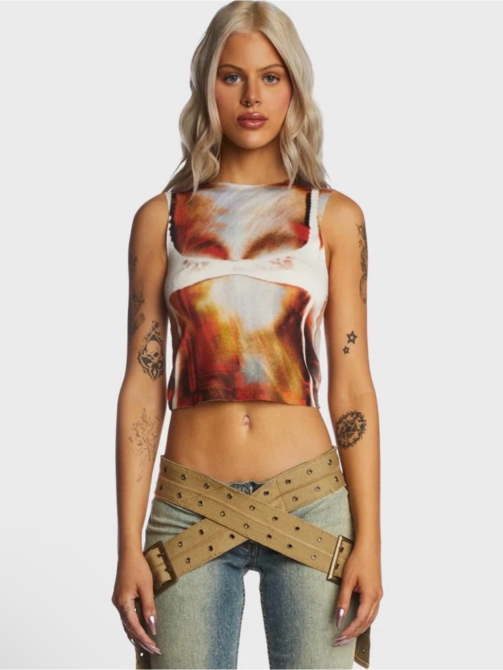 Jaded London White and Orange Abstract Cropped Tank Top
